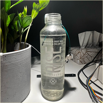 Part of the circuit with the battery which is connected to the -ve side of the light with a wire and connected to the water in the glass with another wire.