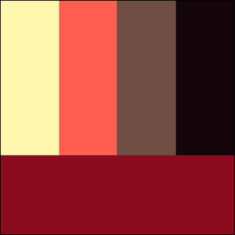 the first iteration of the colour palette chosen from the image of burning embers, in order of left to right, top to bottom: land, road, greenspace, land, water