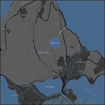 In my second iteration of the map I switched colours out for better visibility (mainly the label). I also chose to make the colours for the land and greenspace lighter rather than dark—Stanley Park is vibrant with life and while the photo does not have green in it, I wanted to have a lighter display.