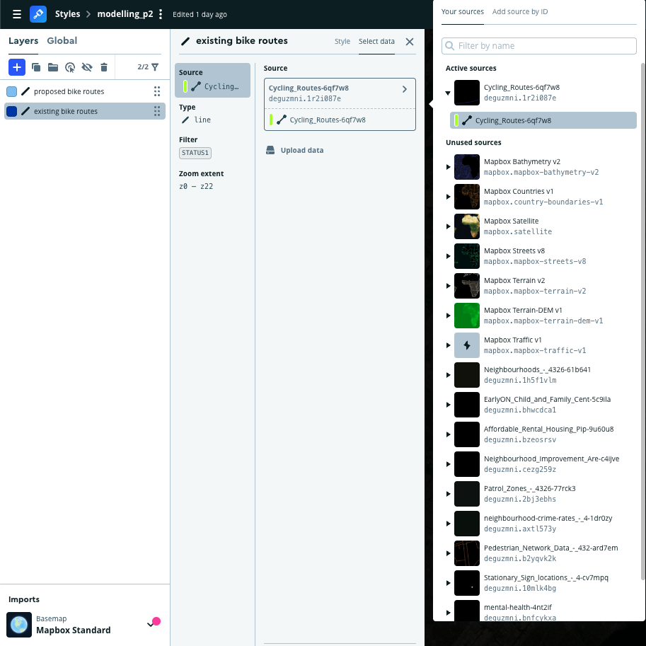 Selection of source as Cycling Routes to display the information in the dataset