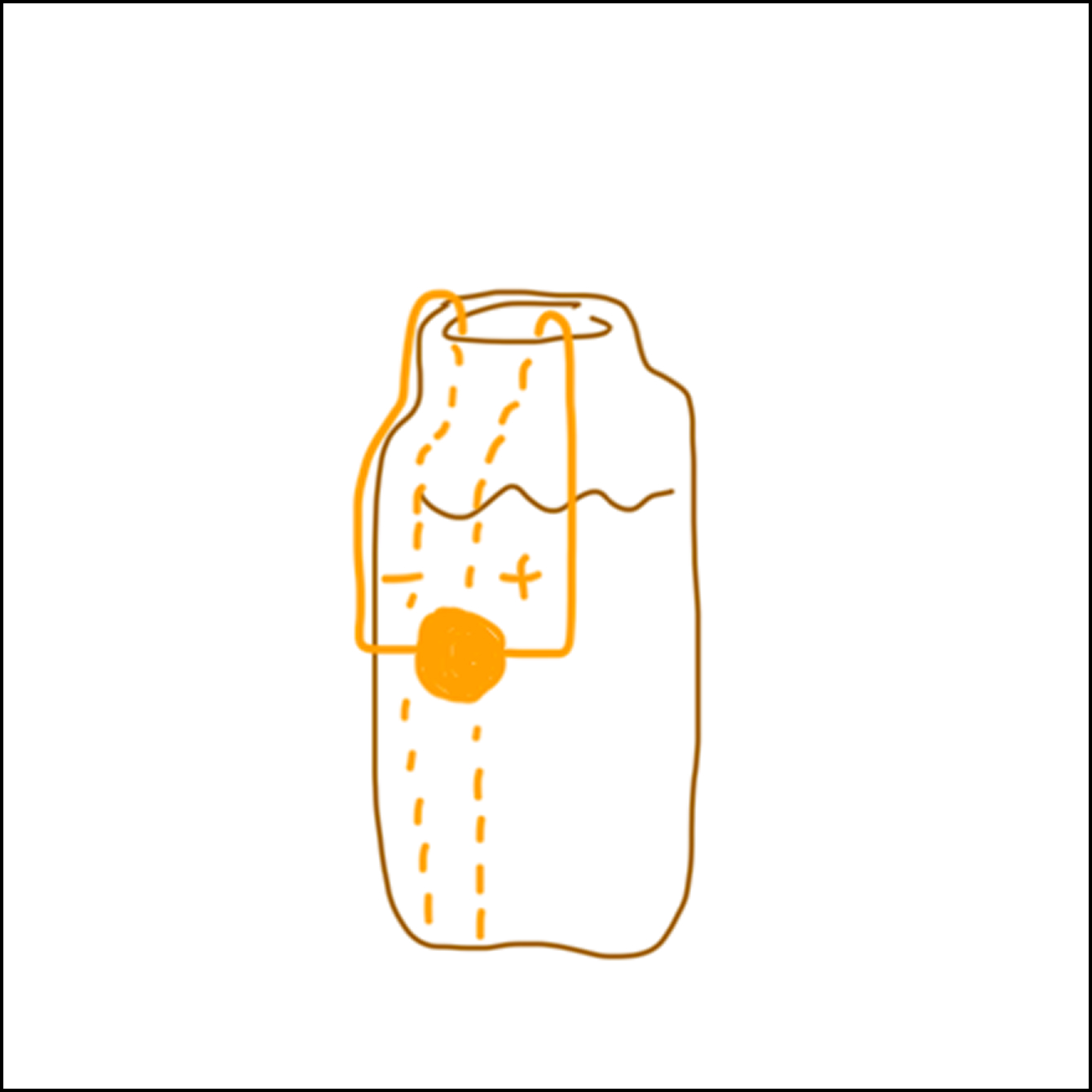 2/2 Mapped out circuit for the battery on the bottle. Wires/copper tape would be placed along the inside/bottom of the glass bottle to ensure when a steady flow of water connects the bottle and the soil, the circuit is closed.