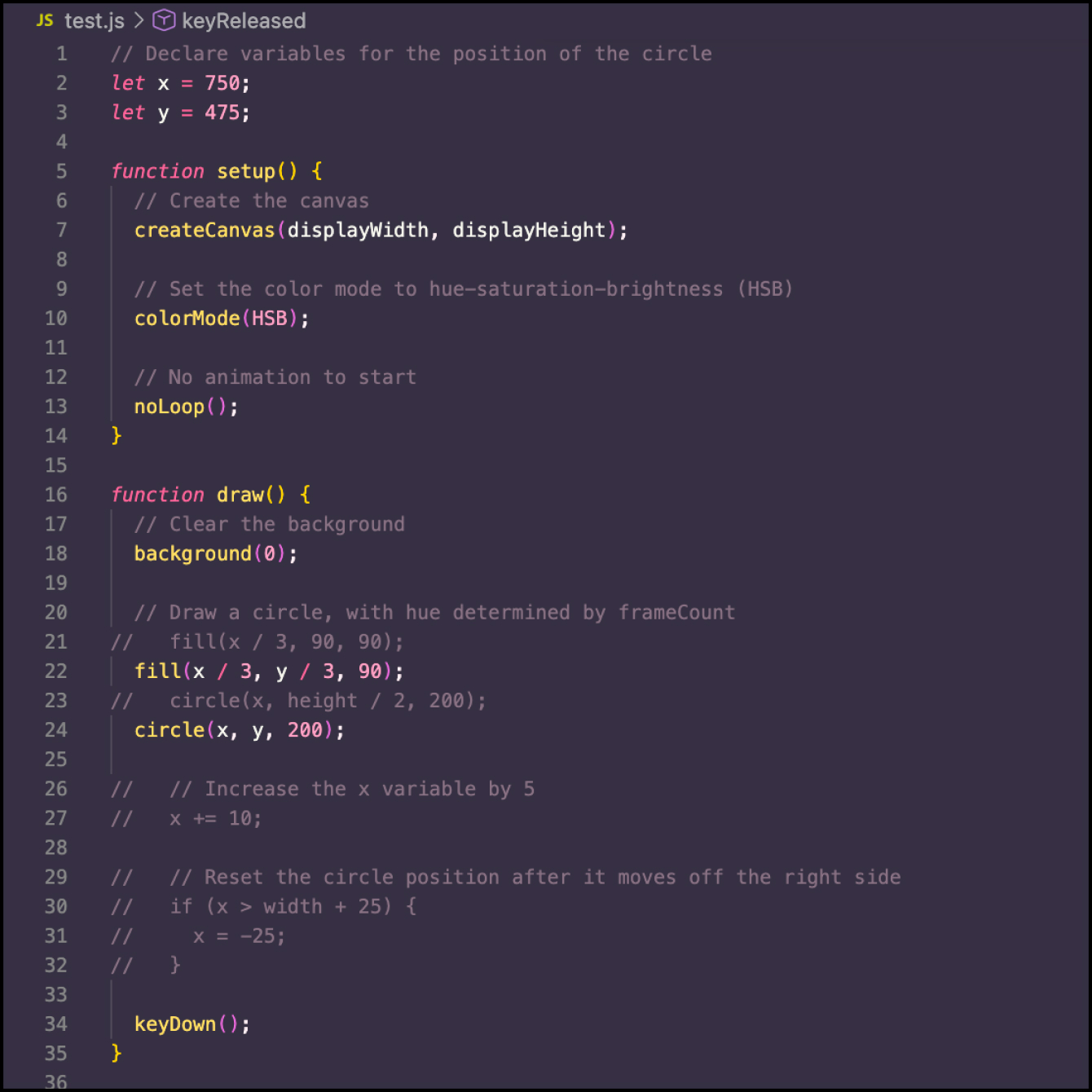 Experimented with original code pulled from https://p5js.org/examples/animation-and-variables-animation-with-events/. Played around with animation being controlled by arrow presses rather than mouse press. 1/3