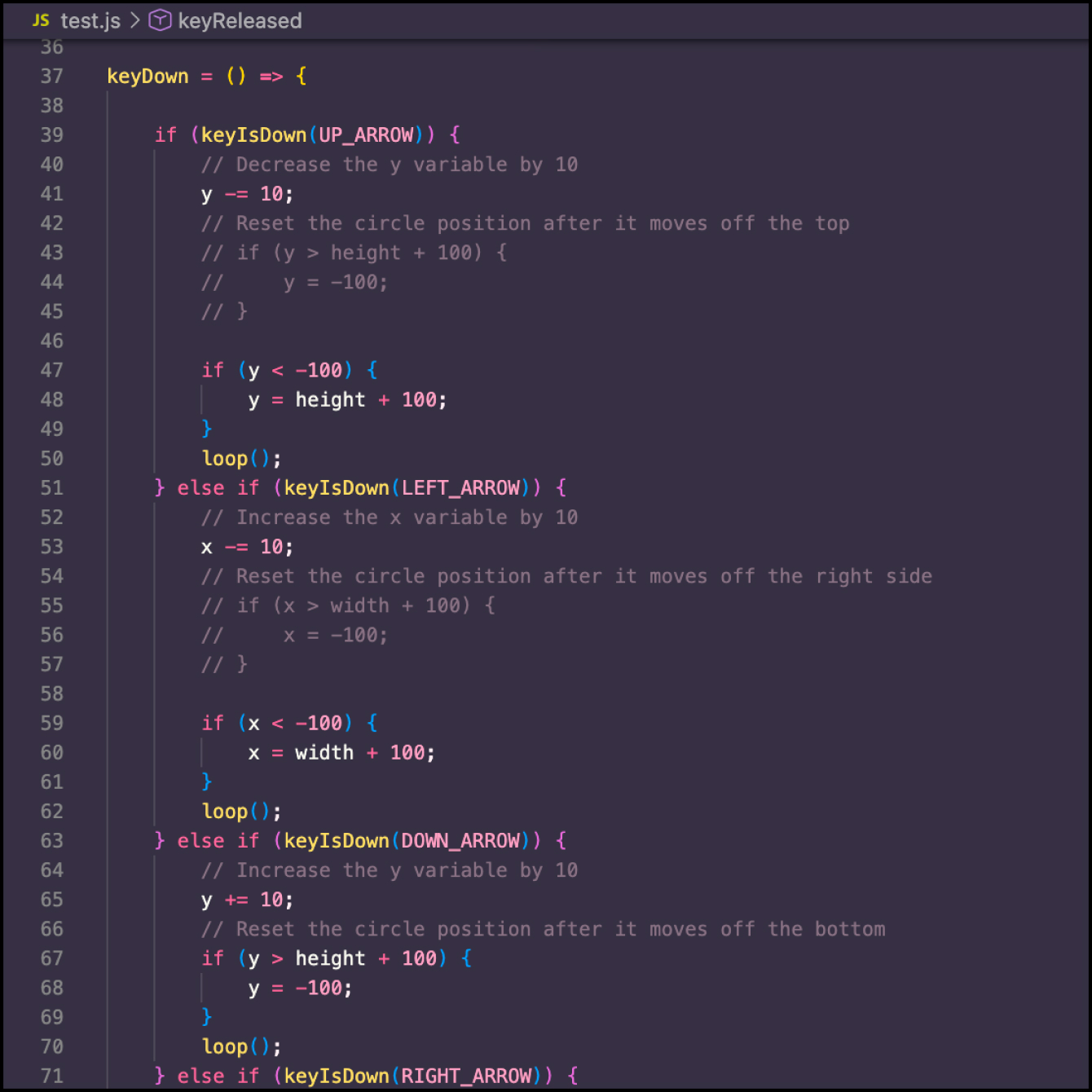 Experimented with original code pulled from https://p5js.org/examples/animation-and-variables-animation-with-events/. Played around with animation being controlled by arrow presses rather than mouse press. 2/3